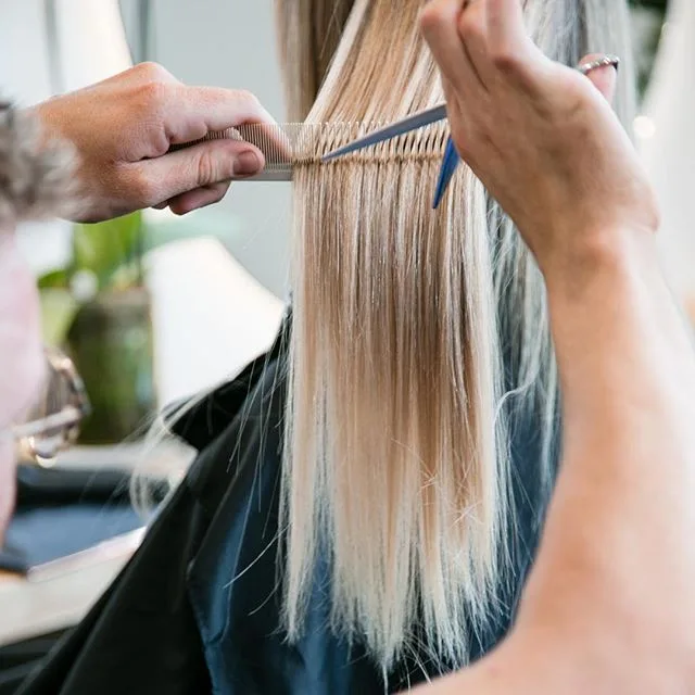 Close detail of hands combing and sectioning wet blonde hair